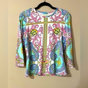 J. McLaughlin Pink and Blue Patterned Blouse 3/4 sleeves size Medium